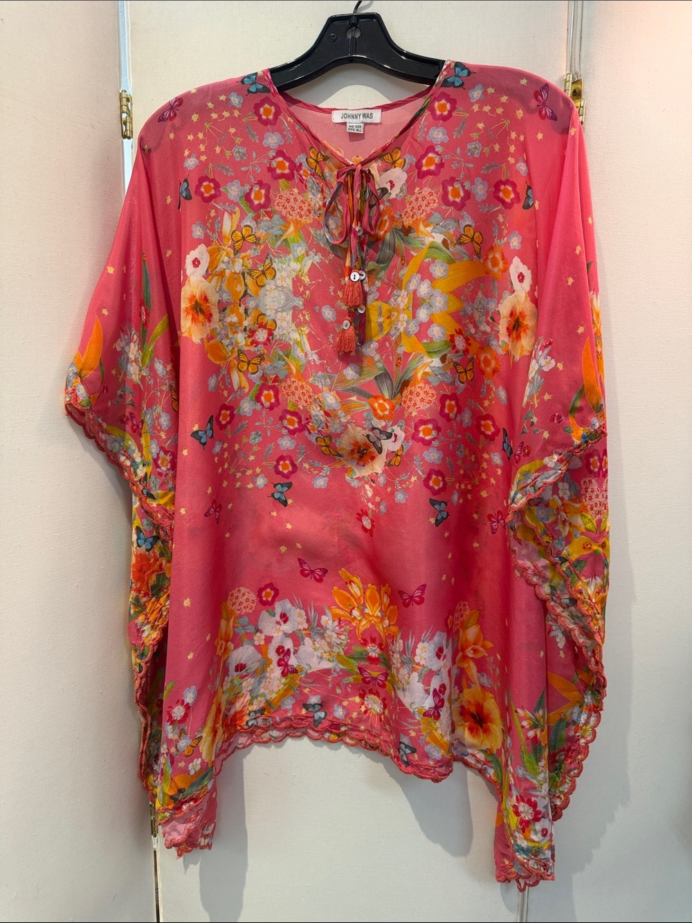 Johnny Was Coral Pink Floral Tie-Neck Tunic